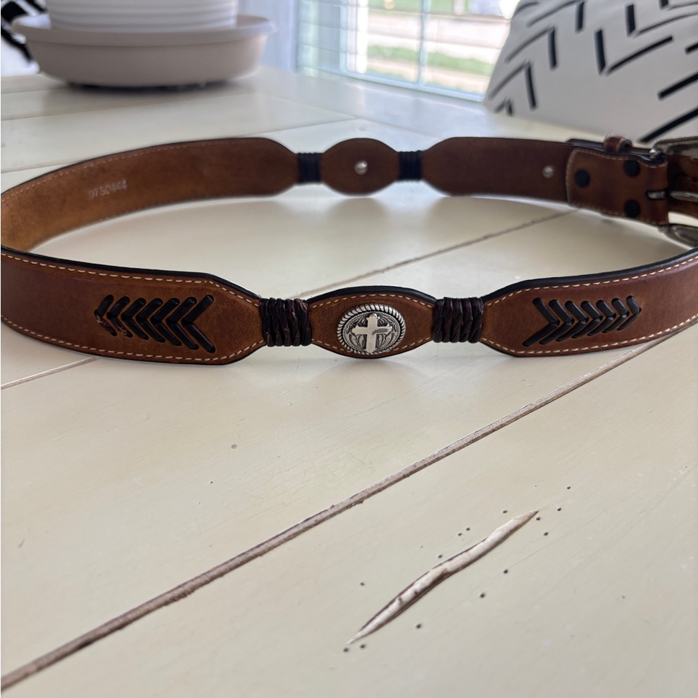 Cavender's Brown Leather Belt Men’s 34 Cross Detail 9750444 - Picture 3 of 8